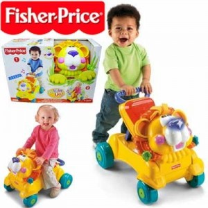 kid driving a toy car made by Fishrt Price